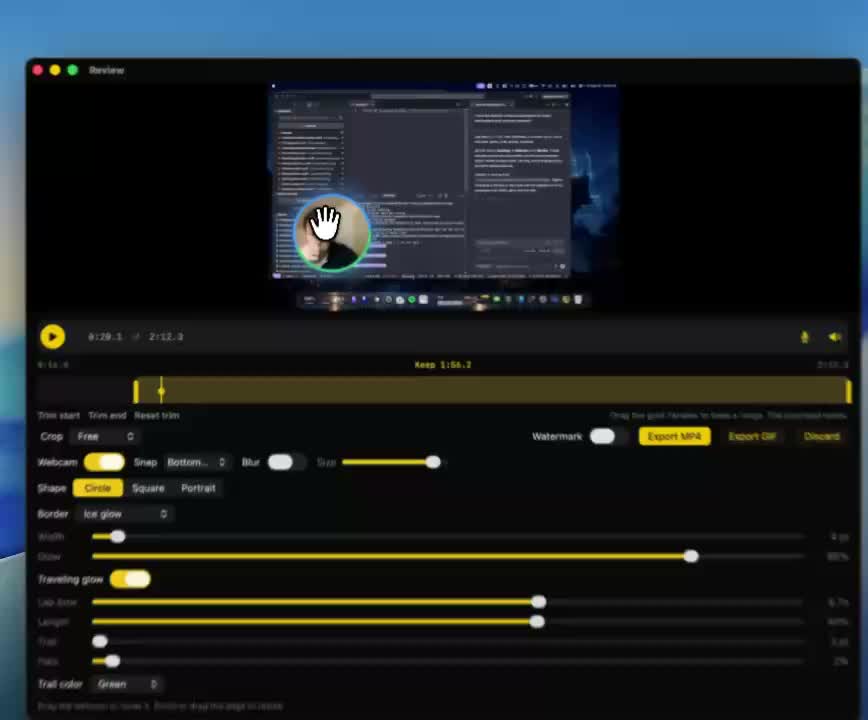 Hololith edit review window with trim, crop, webcam, and export