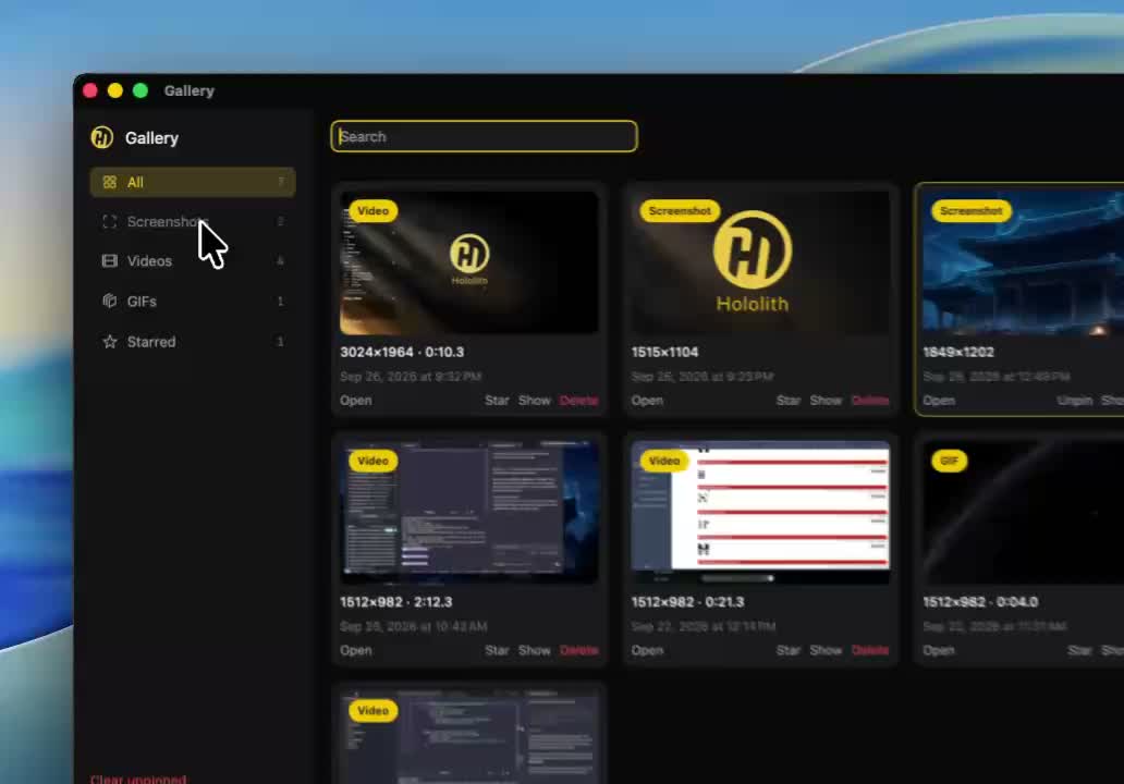 Hololith Gallery with screenshots, videos, and GIFs in a searchable grid